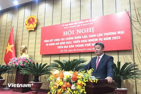 Phó Chủ tịch UBND thành phố Hà Nội phát biểu tại Hội nghị triển khai nhiệm vụ của lực lượng 389 Hà Nội. (Ảnh: Xuân Quảng/Vietnam+)