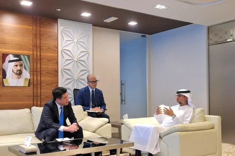 Bộ trưởng Nguyễn Hồng Diên làm việc với ông Suhail bin Mohammed Al Mazrouei, Bộ trưởng Bộ Năng lượng và Cơ sở hạ tầng UAE. (Ảnh: PV/Vietnam+)