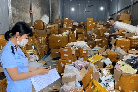 Lực lượng Quản lý thị trường Hà Nội kiểm tra hàng hóa vi phạm. (Ảnh: PV/Vietnam+)