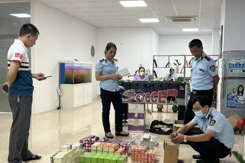 Lực lượng Quản lý thị trường Hà Nội kiểm tra hàng hoá có dấu hiệu vi phạm. (Ảnh: PV/Vietnam+)
