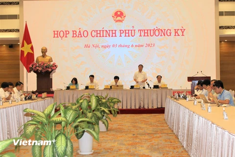 Bộ trưởng Trần Văn Sơn chủ trì phiên họp báo Chính phủ thường kỳ ngày 4/7, tại Hà Nội. (Ảnh: Đức Duy/Vietnam+)
