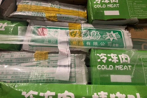 Kho lạnh chứa khoảng 20 tấn thực phẩm không rõ nguồn gốc trên địa bàn thành phố Thủ Đức bị tạm giữ. (Ảnh: PV/Vietnam+)