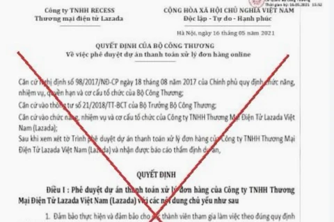 Cơ quan chức năng cảnh báo văn bản giả mạo Bộ Công Thương phê duyệt dự án thanh toán xử lý đơn hàng online. (Ảnh: PV/Vietnam+)