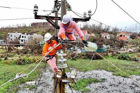 Nhân viên EVN đẩy nhanh việc khôi phục điện cho khách hàng bị ảnh hưởng bởi cơn bão số 3. (Ảnh: EVN)