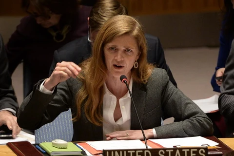Đại diện thường trực của Mỹ tại Liên hợp quốc Samantha Power phát biểu tại phiên họp của Hội đồng Bảo an về tình hình Ukraine tại New York ngày 3/3. (Nguồn: AFP/TTXVN)