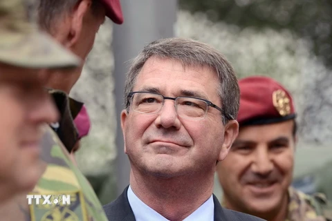 Bộ trưởng Quốc phòng Mỹ Ashton Carter trò chuyện với các binh sỹ thuộc quân đoàn Đức-Hà Lan tham gia lực lượng phản ứng nhanh NATO. (Nguồn: AFP/TTXVN)