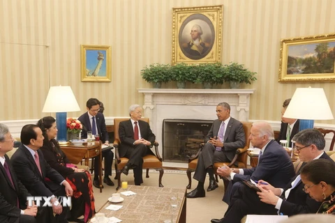 Tổng Bí thư Nguyễn Phú Trọng hội đàm với Tổng thống Hoa Kỳ Barack Obama. (Ảnh: Trí Dũng​/TTXVN)