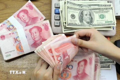 Kiểm tiền nhân dân tệ và USD tại ngân hàng ở tỉnh An Huy, Trung Quốc. (Nguồn: AFP/TTXVN)