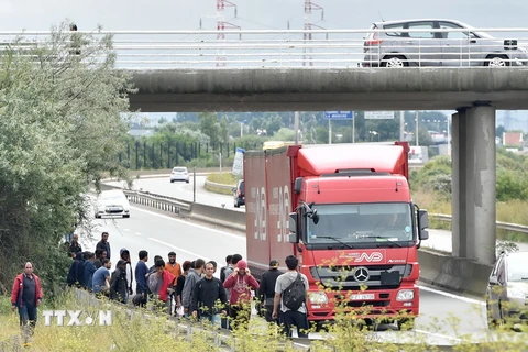 Cảnh sát chống bạo động Pháp gác dọc theo tuyến đường bộ dẫn tới cảng tàu ở Calais nhằm ngăn người di cư trái phép xâm nhập. (Nguồn: AFP/TTXVN)
