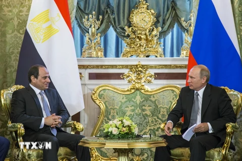 Tổng thống Nga Vladimir Putin (phải) có cuộc gặp với Tổng thống Ai Cập Abdel Fattah al-Sisi đang trong chuyến thăm Nga. (Nguồn: AFP/TTXVN) 