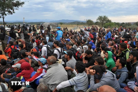 Người di cư chờ đợi tại thị trấn biên giới Idomeni, miền bắc Hy Lạp để được làm thủ tục nhập cảnh vào Macedonia ngày 7/9. (Nguồn: AFP/TTXVN) 