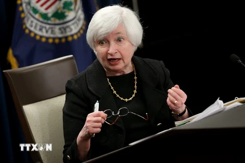 Chủ tịch Fed Janet Yellen thông báo về quyết định của FED trong cuộc họp báo ở Washington, DC. ngày 17/9. (Nguồn: AFP/TTXVN)