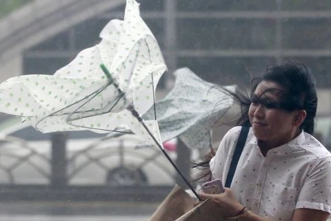 Người dân chống chọi với cơn gió to khi bão tràn về. (Nguồn: Reuters)