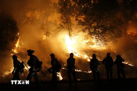 Lực lượng cứu hỏa nỗ lực khống chế các đám cháy rừng ở Valley Fire, California ngày 13/9. (Nguồn: AFP/TTXVN)