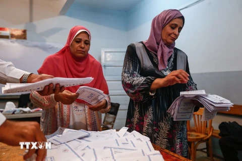 Nhân viên Ủy ban bầu cử Ai Cập kiểm phiếu tại Giza, thủ đô Cairo ngày 19/10. (Nguồn: THX/TTXVN)