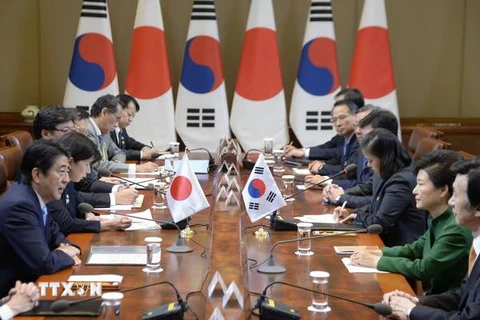 Tổng thống Hàn Quốc Park Geun-hye (phải) và Thủ tướng Nhật Bản Shinzo Abe (trái) tại cuộc hội đàm ở thủ đô Seoul ngày 2/11. (Nguồn: AFP/TTXVN)