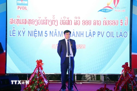 Ông Nguyễn Kim Sơn, Tổng Giám Đốc PV OIL Lào, phát biểu tại Lễ kỷ niệm. (Ảnh: Phạm Kiên/TTXVN)