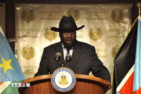 Tổng thống Nam Sudan Salva Kiir phát biểu trong một cuộc họp báo ở Juba ngày 15/9. (Nguồn: Reuters/TTXVN)