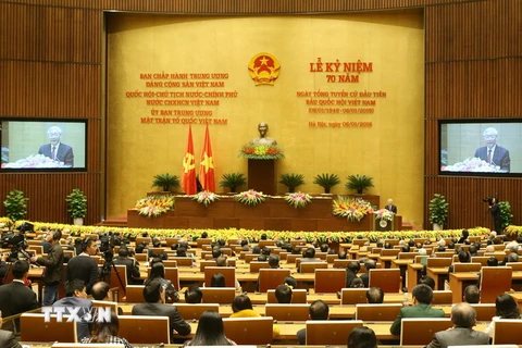 Tổng Bí thư Nguyễn Phú Trọng phát biểu tại buổi lễ kỷ niệm 70 năm Ngày Tổng tuyển cử đầu tiên bầu Quốc hội Việt Nam. (Ảnh: Nhan Sáng/TTXVN)