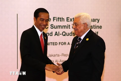 Tổng thống Palestine Mahmud Abbas (phải) và Tổng thống Indonesia Joko Widodo(trái) tại hội nghị. (Nguồn: AFP/TTXVN)