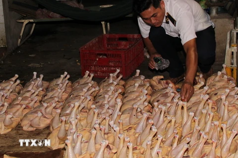 Kiểm tra an toàn vệ sinh thực phẩm tại cơ sở giết mổ gia cầm Thanh Hà, thị trấn Gò Dầu, huyện Gò Dầu. (Ảnh: Lê Đức Hoảnh/TTXVN)