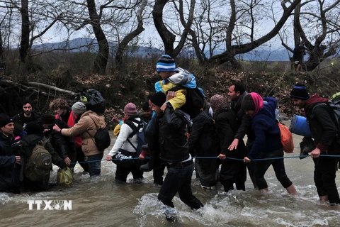 Người di cư và tị nạn cố tìm cách vượt sông sang Macedonia từ các trại tị nạn ở khu vực biên giới Hy Lạp-Macedonia ngày 14/3. (Nguồn: AFP/TTXVN)