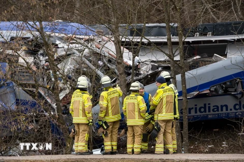 Lực lượng cứu hộ làm nhiệm vụ tại hiện trường vụ tai nạn. (Nguồn: AFP/TTXVN)