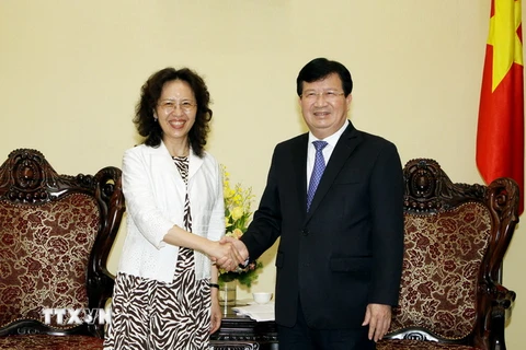 Phó Thủ tướng Trịnh Đình Dũng tiếp bà Lý Giang, Phó Tỉnh trưởng tỉnh Vân Nam (Trung Quốc). (Ảnh: Nguyễn Dân/TTXVN)