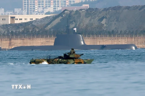 Tàu ngầm và tàu đổ bộ của Hải quân Hàn Quốc tham gia tập trận tại vùng biển ngoài khơi thành phố miền đông Pohang ngày 7/3. (Nguồn: Yonhap/TTXVN)