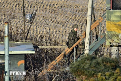 Binh sỹ Hàn Quốc tuần tra tại tuyến đường dẫn tới khu công nghiệp Kaesong ở thành phố biên giới Paju, gần Khu phi quân sự (DMZ) giữa hai miền, ngày 8/1. (Nguồn: AFP/TTXVN)
