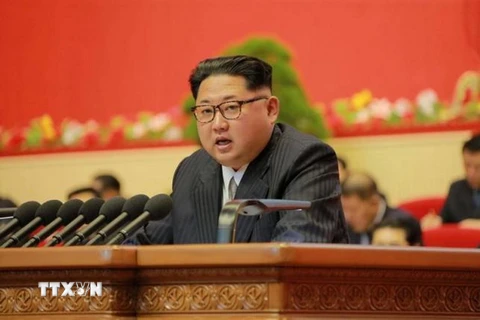 Nhà lãnh đạo Kim Jong-Un phát biểu tại Đại hội Đảng Lao động Triều Tiên ở Bình Nhưỡng. (Nguồn: Reuter/TTXVN)