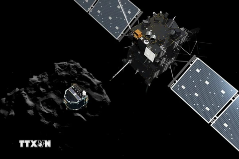 Hình ảnh mô phỏng tàu thăm dò Philae hạ cánh xuống Sao Chổi 67P/Churyumov - Gerasimenko từ phi thuyền Rosetta ngày 12/11/2014. (Nguồn: AFP/TTXVN)