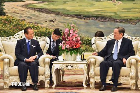 Chủ tịchỦy ban toàn quốc Hội nghị Chính trị Hiệp thương Nhân dân Trung Quốc (Chính Hiệp) Du Chính Thanh (phải) đã có cuộc gặp với ông Takeo Kawamura (trái). (Nguồn: Kyodo/TTXVN)