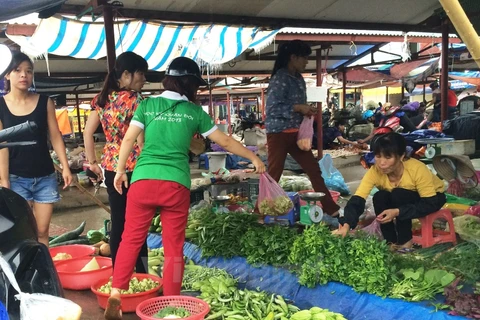 Người tiêu dùng mua rau tại chợ thương mại Cầu Bươu. (Ảnh: Thanh Tâm/Vietnam+)
