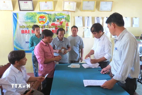 Người dân xã Lộc Điền trình giấy tờ để nhận tiền bồi thường. (Ảnh: Tường Vi/TTXVN)