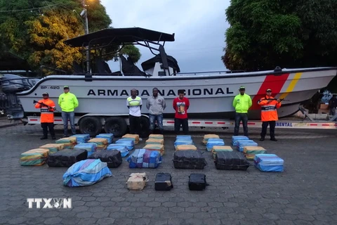 Hải quân Colombia thu giữ một số lượng lớn cocain và bắt giữ những kẻ liên quan tới vụ buôn lậu ma túy ở Narino, Colombia ngày 12/6. (Nguồn: THX/TTXVN)