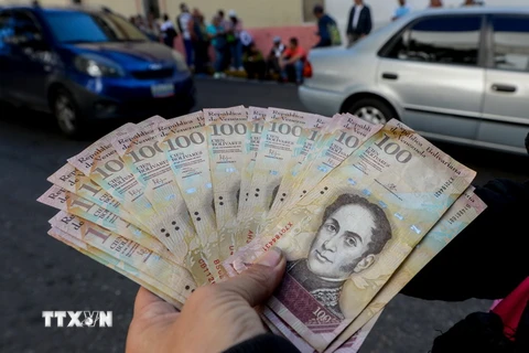 Kiểm tiền mệnh giá 100 Bolivar tại ngân hàng ở Caracas ngày 13/12. (Nguồn: EPA/TTXVN)