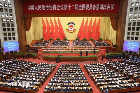 Toàn cảnh phiên bế mạc Kỳ họp thứ tư Ủy ban toàn quốc Hội nghị Chính trị Hiệp thương nhân dân Trung Quốc (Chính hiệp) khóa 12. (Nguồn: THX/TTXVN)