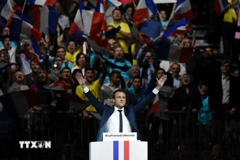 Ứng cử viên Emmanuel Macron phát biểu khởi động chiến dịch tranh cử tại Lyon ngày 4/2. (Nguồn: AFP/TTXVN)