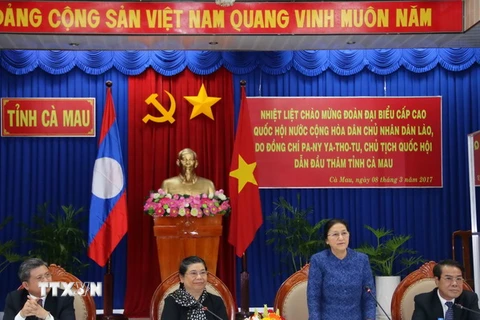 Chủ tịch Quốc hội Lào Pany Yathotou phát biểu tại buổi thăm và làm việc với Lãnh đạo tỉnh Cà Mau. (Ảnh: Kim Há/TTXVN)