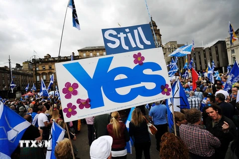 Những người ủng hộ độc lập tuần hành tại Quảng trường George ở Glasgow, Scotland,ngày 19/9/2015. (Nguồn: AFP/TTXVN)