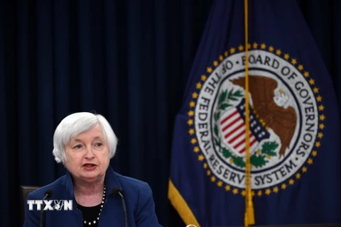 Chủ tịch Fed Janet Yellen trong cuộc họp báo thông báo quyết định tăng lãi suất cơ bản, tại Washington D.C., ngày 15/3. (Nguồn: THX/TTXVN)