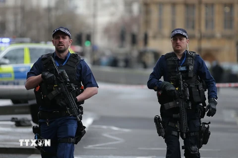 Cảnh sát tăng cường an ninh bên ngoài tòa nhà Quốc hội Anh ở London sau vụ tấn công ngày 22/3. (Nguồn: AFP/TTXVN)