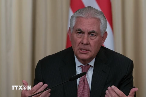 Ngoại trưởng Mỹ Rex Tillerson tại cuộc họp báo ở Moskva nhân chuyến thăm Nga ngày 12/4. (Nguồn: EPA/TTXVN)