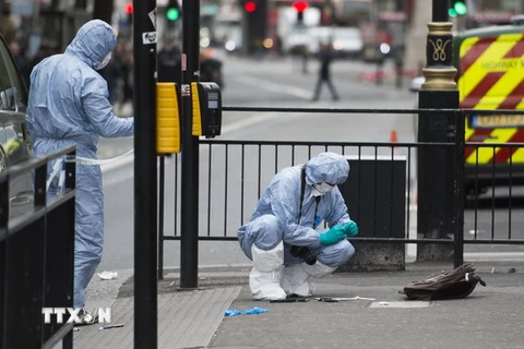 Nhân viên pháp y điều tra tại hiện trường bắt giữ nghi phạm ở London ngày 27/4. (Nguồn: EPA/TTXVN)