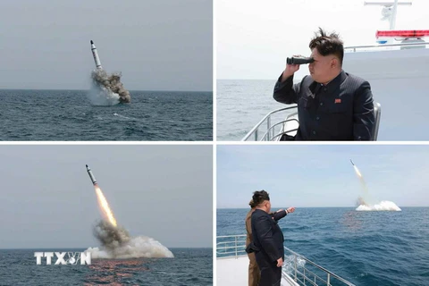Nhà lãnh đạo Triều Tiên Kim Jong-un quan sát một vụ thử tên lửa đạn đạo từ tàu ngầm ở gần Sinpo, vùng bờ biển phía Đông Bắc Triều Tiên ngày 9/5/2015. (Nguồn: EPA/TTXVN)