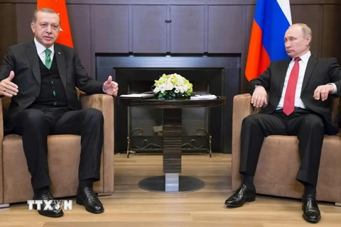 Tổng thống Nga Vladimir Putin (phải) và Tổng thống Thổ Nhĩ Kỳ Recep Tayyip Erdogan (trái) tại cuộc gặp ở Sochi. (Nguồn: AFP/TTXVN)