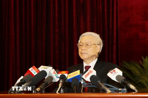 Tổng Bí thư Nguyễn Phú Trọng phát biểu bế mạc Hội nghị. (Ảnh: Trí Dũng/TTXVN)