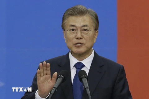 Tổng thống Hàn Quốc Moon Jae-in tại một buổi lễ ở Seoul ngày 10/5. (Nguồn: AFP/TTXVN)