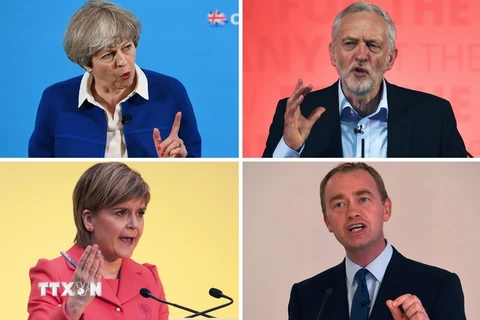 Thủ tướng Anh Theresa May (trên, trái), Chủ tịch Công đảng đối lập Jeremy Corbyn (trên, phải), Thủ hiến Scotland đồng thời là Lãnh đạo Đảng Dân tộc Scotland Nicola Sturgeon (dưới, trái) và Lãnh đạo Đảng Dân chủ tự do Tim Farron. (Nguồn: